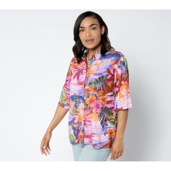 Women with Control Tops - WomenControl Women's Top Plus Sz 1X Printed Woven Cabana Shirt Purple A648362